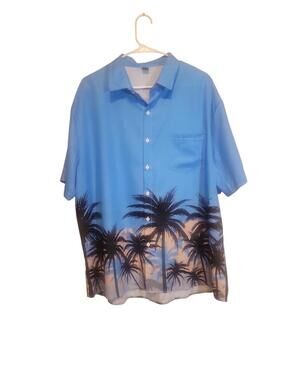 Blue Tropical Palm Tree Button Front Short Sleeve Shirt XL